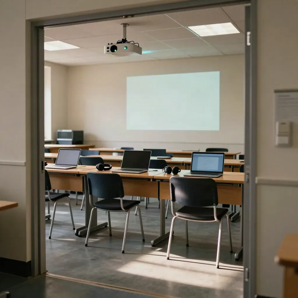Aula universitaria vacía tras un taller de IA, con portátiles cerrados y luz del proyector apagándose.