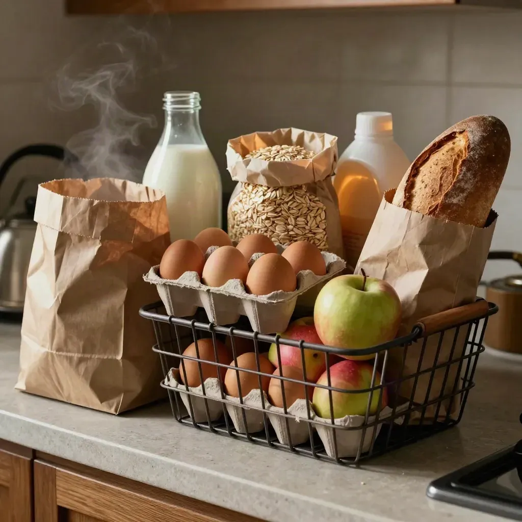 Bolsa de la compra con leche, huevos, pan, manzanas y detergente en una cocina luminosa.