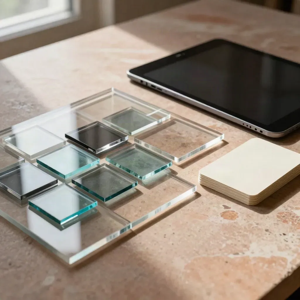 Mesa de analítica con acrílicos y vidrios turquesa, tablet girada y tarjetas crema sobre luz de ventana.