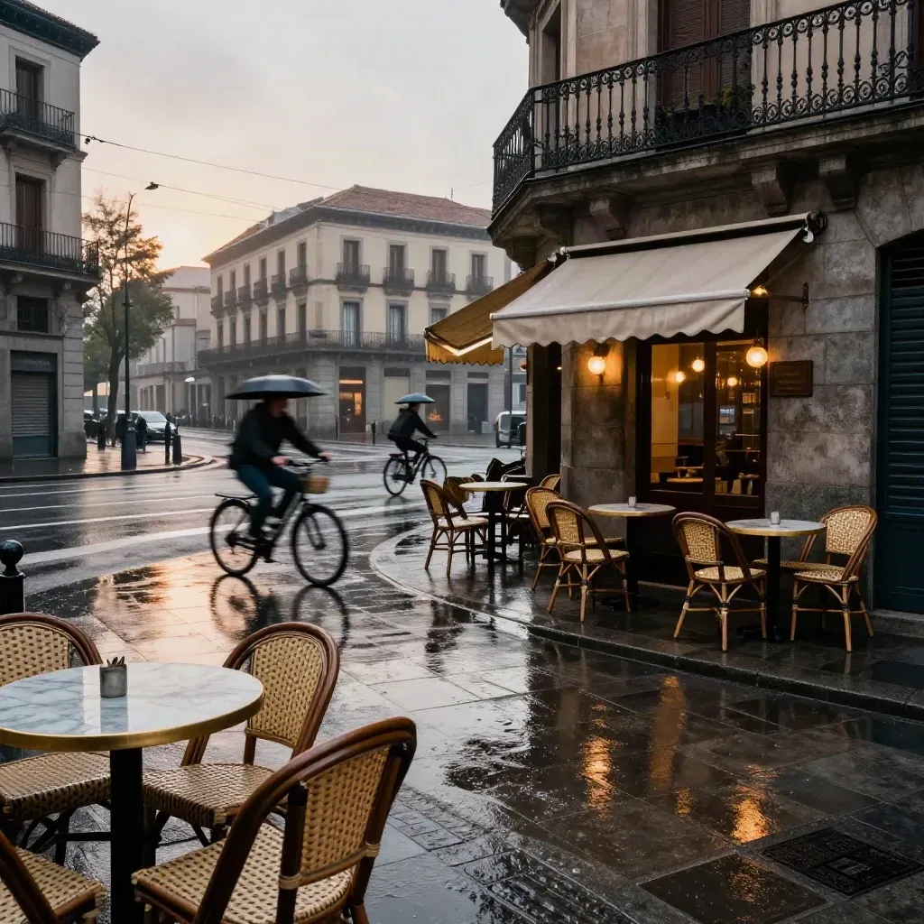 Vista elevada de una calle madrileña mojada con terrazas de café y bicicletas bajo lluvia.