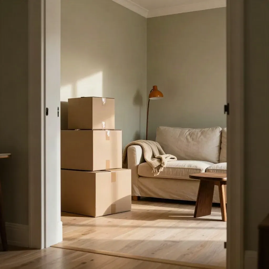 Salón pequeño con cajas de mudanza, sofá simple y lámpara al sol de tarde.
