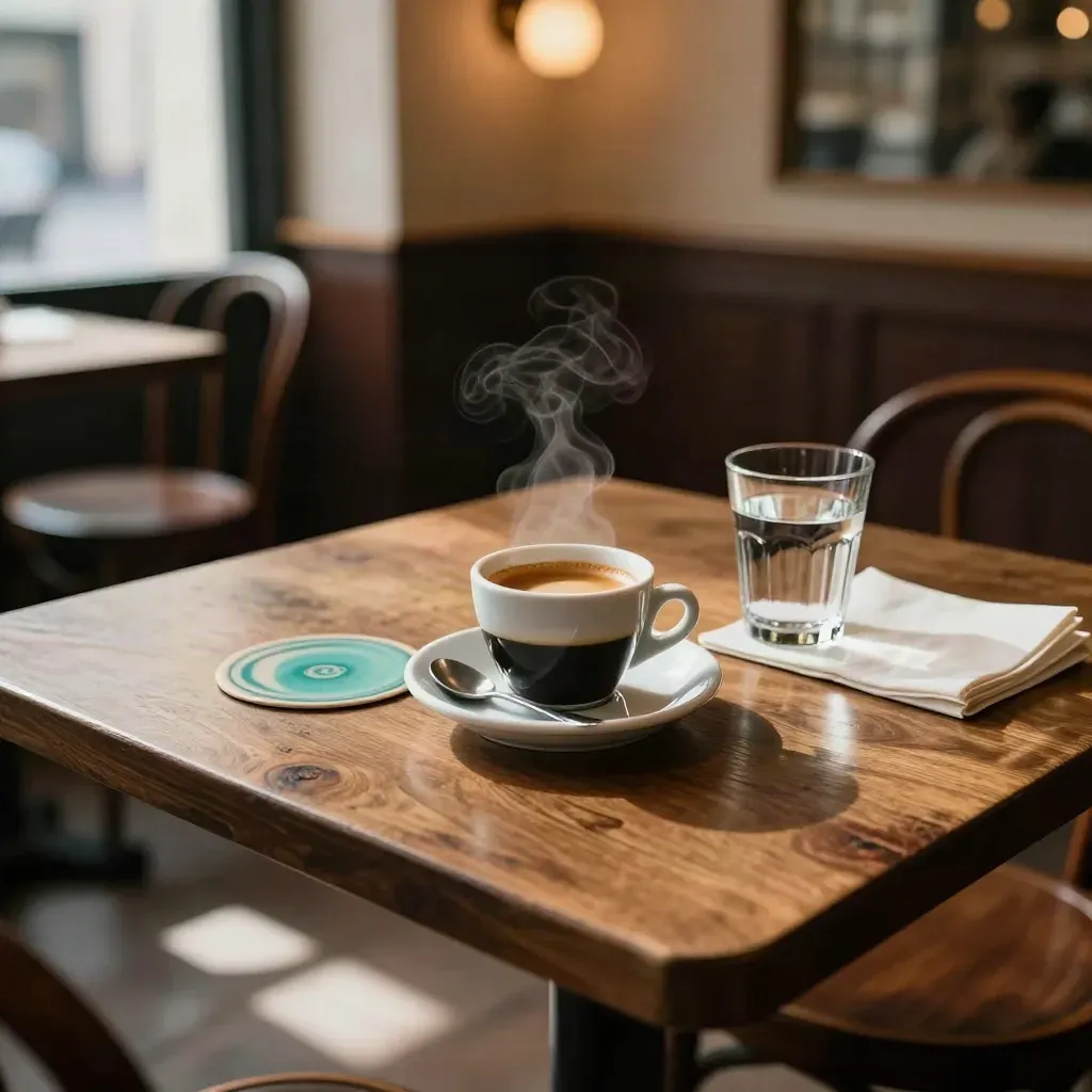 Taza de espresso medio vacía, vaso de agua y servilleta en una mesa de café cálida.
