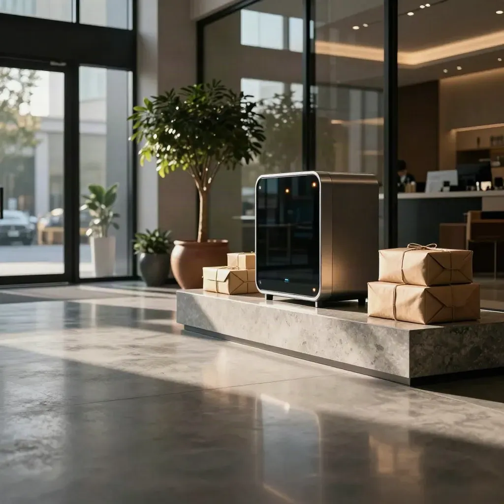 Lobby acristalado con prototipo sobre pedestal, árboles en maceta y paquetes de mensajería.