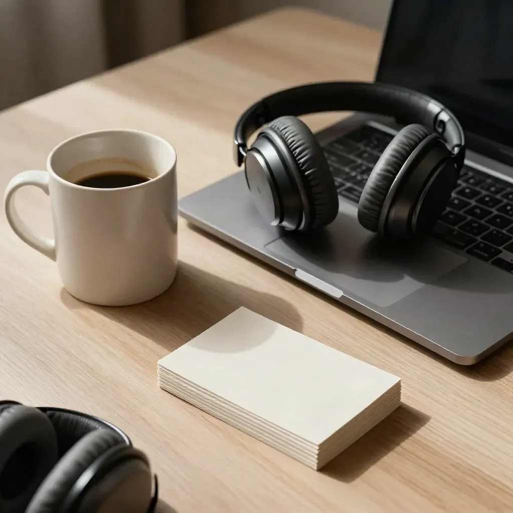 Escritorio editorial al final del día con portátil cerrado, taza, auriculares y tarjetas boca abajo.
