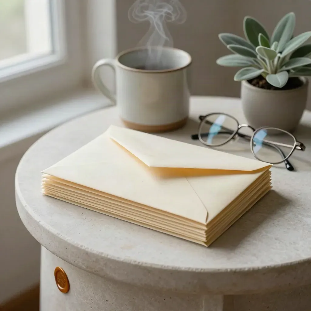 Sobres sellados, taza, gafas y planta pequeña sobre mesa clara con luz suave.